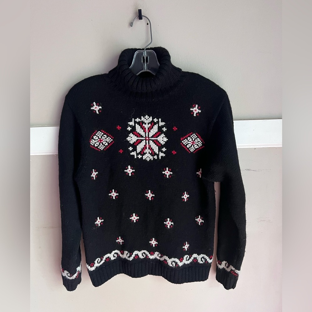 Black Fair Isle Turtleneck Sweater with Snowflake Motif - Women